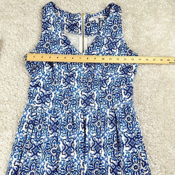Milly V Neck Blue Print Dress Pockets - Picture 11 of 13